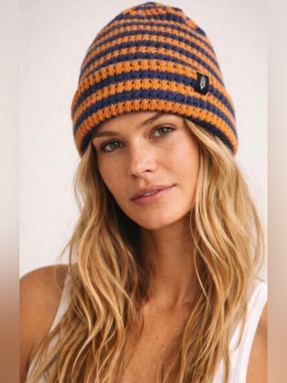 Free People Orange & Navy Striped Knit Beanie